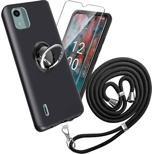 Tasche für Nokia C12 Hülle + für Nokia C12 Schutzfolie - Schwarz Schutzhülle TPU Handytasche Displayglas+ Finger Ring Phone Holder + Phone Lanyard