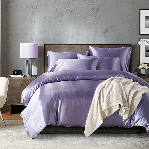 Freyamy Housse de Couette Satin 220x240 Couleur Unie Violet Parure de lit Adulte 2 Personnes avec Fermeture Éclair Sets de Housse Couette en Satin de Soie Brillante avec 2 Taie d'oreiller 65 x 65