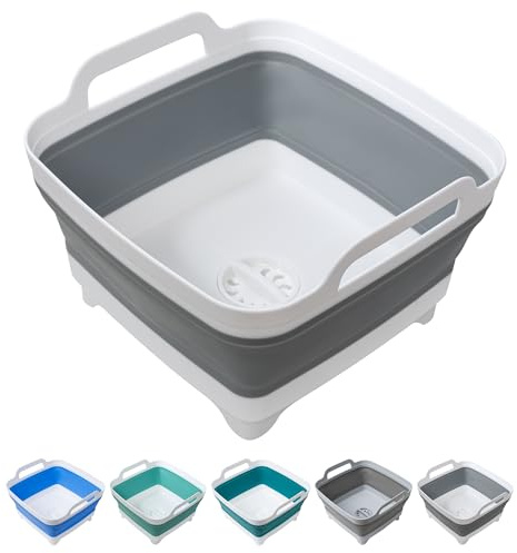 Dishpan for Washing Dishes, 2.4Gal/9L Wash Basin with Draining Plug Carry Handles, Collapsible Bucket for Cleaning, Portable Sink, Foldable Plastic Tub