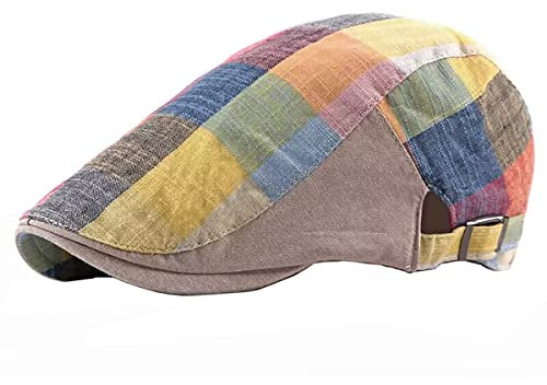 QI YUAN Dünne Sommermütze Herren Damen leinen Flatcap Schiebermütze Barett Cap Schirmmützen (Gelbes kariert)