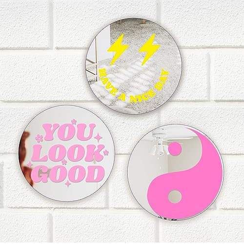 Spiegel für die Wand – adretter, runder Acrylspiegel, rosa, ästhetische Wanddekoration, Kunst für Teenager, Mädchen, zum Aufhängen, Schlafzimmer, Badezimmer, Wohnzimmer, Set mit 3 Stück
