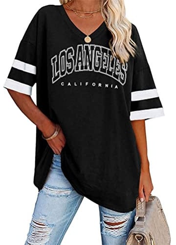 Tomwell Damen Los Angeles Tshirt mit V-Ausschnitt Kurzarm Sport T-Shirt Sommer Rundhals Oversized Oberteile Lose Tunika Lang für Teen Girls B Schwarz L
