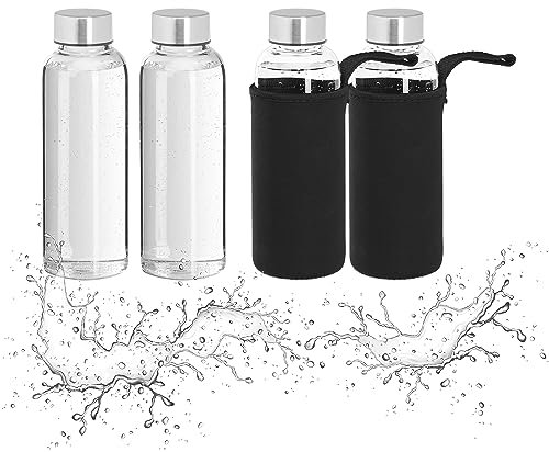 Relaxdays Gourde en Set de 4, Verre, 360 ML, étanche, avec Housse, H x D : env. 20 x 6 cm, Transparent et Noir