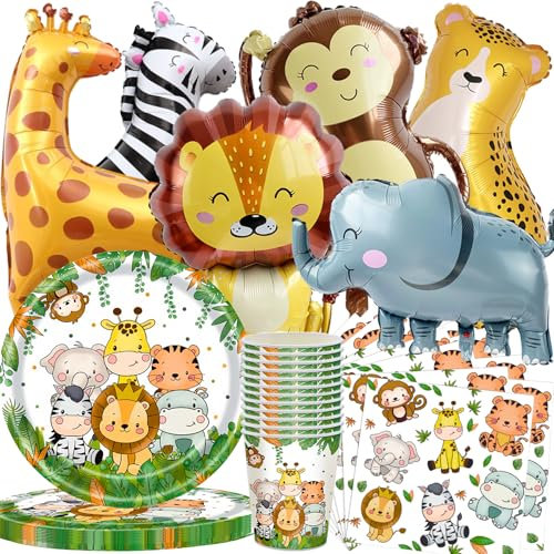 Kit de décoration d'anniversaire Jungle Safari,66 vaisselle de fête d'anniversaire Jungle avec ballons,animaux garçon Décoration d'anniversaire enfant 20 invités