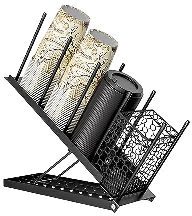 Coffee Cup Holder, Paper Cup Lid Holder Adjustable Coffee Condiment Station, Paper Cup Dispenser 4 Compartment Paper Cup Storage Holder For Countertop Coffee Station Bar Restaurant Breakroom (Black)