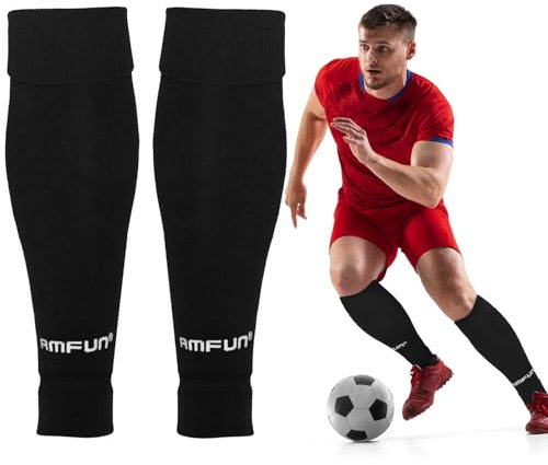 AMFUN Football Shin Guards Sleeves - 1 Pair Elastic Soccer Sock Sleeves for Games, Beginner Teenagers Adults - Black, 49CM