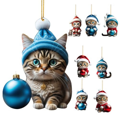Imtrub 8 Acryl Katze Anhänger Weihnachts Deko Cartoon Weihnachten Deko Weihnachtsbaum Anhänger 2D Acryl Katze Anhänger Weihnachtsdeko für Weihnachtsbaum Hängedeko Auto Weihnachtsschmuck