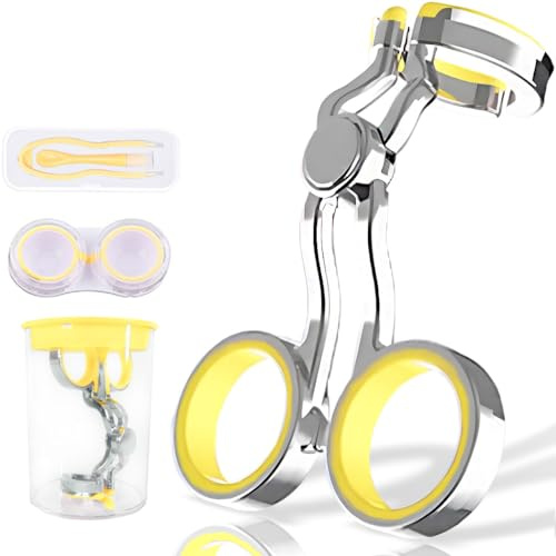 iGeyzoe Contact Lens Wearing Aids, Portable Contact Lens Eyelid Stretcher, Color Contact Lens Wearing Tool with Insert or Remove Tool/Tweeers/Contact Lens Case (Yellow)