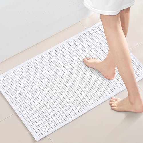 Thin White Bath Mat - 16x24, Washable Non-Slip Shower Mat for Bathroom
