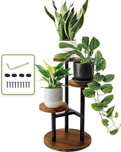 MIXMIO 3 Tier Plant Stand, Tall Metal Wood Shelf Holder for Indoor, Outdoor Display Rack Flower Pot Stand for Corner Living Room Balcony Garden Patio