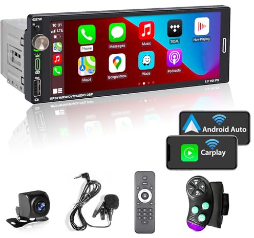 [senza fili] Alondy Autoradio 1 DIN con schermo da 6,9, compatibile con Wireless Apple CarPlay/Android Auto Bluetooth AM/FM/RDS Radio Fotocamera posteriore USB di tipo-C Ricarica rapida da 2,1A