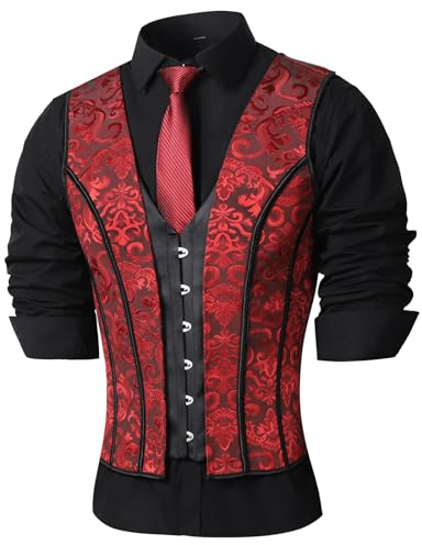 HUAMYTH Herren Vintage-kleid, Weste, Anzugweste, Schnürung, Knochen, Formendes Oberteil, Rotes Blumendruck, Tanks für Herren Vintage-Weste