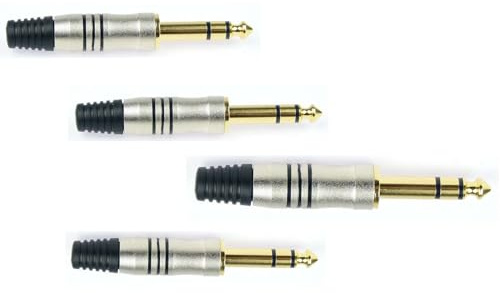 Adam Hall 4 x K3CJM3 GOLD - 6,3 mm Stereo Kabel Klinke TRS Stecker 3 pol male silber, vergoldete Kontakte, 3 Star Serie