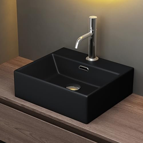 Mai & Mai Waschbecken keramik Aufsatzwaschbecken Hängewaschbecken Waschtisch mit Nano-Bechichtung BTH: 41x36x13cm Schwarz Matt