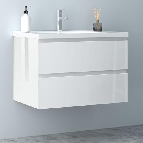 Biubiubath Badezimmermöbel 80cm Keramik Waschtisch mit Unterschrank Badmöbel Set Badezimmerschränke mit 2 Soft-Close Schubladen Hochglanz Weiß