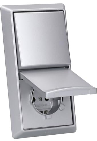 Busch-Jaeger Allwetter 44 Set: SCHUKO Steckdose mit Klappdeckel 20 EUGK-33-101 + Wippschalter-Einsatz 2000/6 US + Wippe 2106-33 + 2-fach Rahmen 2102-33, Alusilber UP