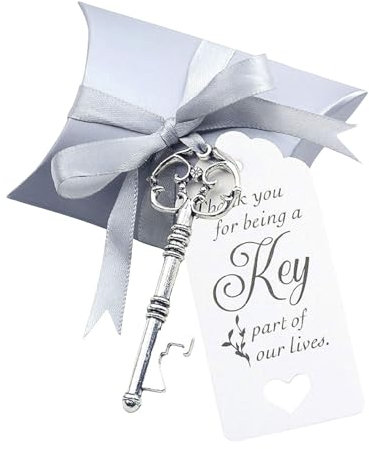 NCONCO Abrebotellas con llave, 50 unidades, para bodas, fiestas, favoritos, para invitados, vintage, abrebotellas, caja de caramelos, con anillo de regalo