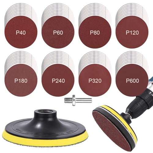 80 Piezas Papel de lija 125 mm M10, 10 x 40/60/80/120/180/240/320/400/600 Grano, Discos Hook and Loop con Adaptador de Almohadilla de Pulido de 2 Pieza