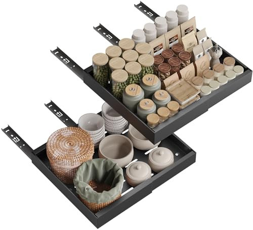 NETEL 2-Pack Teleskopschublade,Ausziehbarer Schubladen küche, Einstellbare Breite 32-52cm,Tiefe 42cm mit Kleber,Kein Bohren,für Küche Pantry Organisation,küchenschrank Organizer,Schwarz