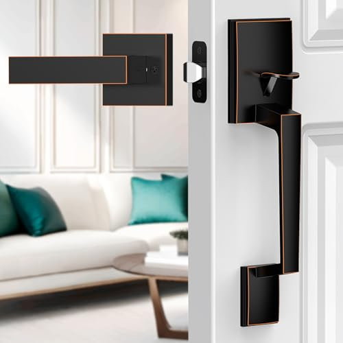 MAXECURITY Front Door Handle, Bronze Exterior Door Handle with Reversible Lever, Modern Front Entry Door Handle for Right or Left Handed Doors, Front Door Handle No Lock, Oil Bronze