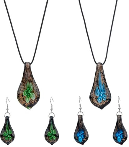 SUPERFINDINGS 2 Sets 2 Farben Glas Schmuckset In Wassertropfenform Tropfenform Mit Blume Glas Ohrhänger Lampwork Handgefertigte Glasperlen Halskette Mit Geometrischem Anhänger Für Frauen Und Mädchen