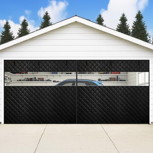 Thermal Insulated Garage Door Curtain with Clear Window, 16ft x 7ft Winter Door Cover for 2 Car Garage Heat Insulation with Thicken Polyester Fiberfill & Durable Oxford Fabric, Waterproof
