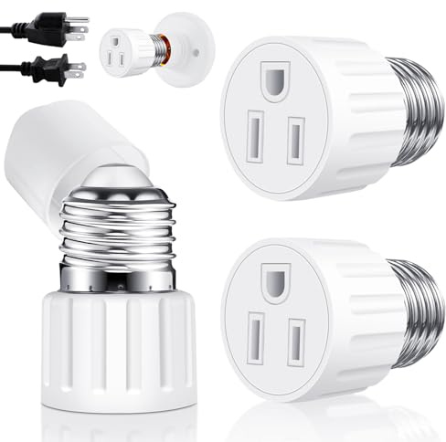 (2 Packs) 3 Prong Light Socket to Plug Adapter, E26 E27 Light Socket Outlet Adapter Polarized Light Bulb Plug Adapter, Stability Performance & Professional Materials Light Bulb Adapter (White)