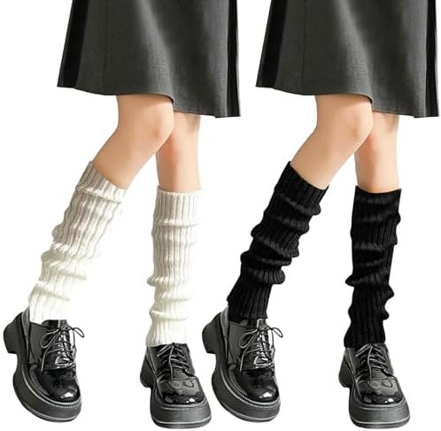 2 Pairs Leg Warmers,Leg Warmers Ladies,Black Knitted Skating Girls Coquette Style Thick Pairs Long Socks Chunky,White Knitted Winter Ankle Knee Japanese Fuzzy Plus Size Style for Ladies Accessories