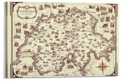 Póster vintage de mapa del mundo de Suiza, póster artístico de pintura en lienzo, decoración de pared, foto para el hogar, pósteres decorativos modernos, 60 x 90 cm