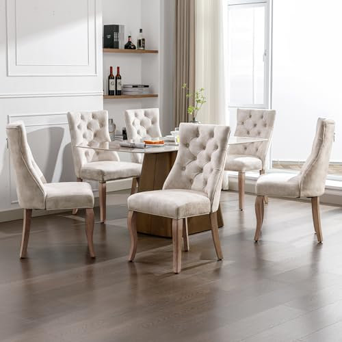 Merax Esszimmerstühle 6er-Set, Küchenstuhl, Polsterstuhl mit Knopfsteppung, bequemer Stuhl aus Samt, Gestell aus Massivholz, für Esszimmer Wohnzimmer, mit hohe Rückenlehne, Hellbeige