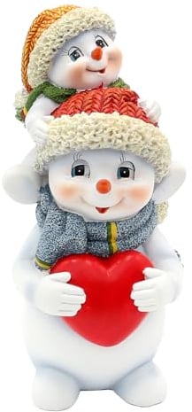 Dekohelden24 Schneemanndeko, Winterkinder, Deko - Schneemann, Schneekind mit kleinem Kind auf Schulter mit Mütze und Schal rot/orange stehend 9 x 9 x 19 cm.