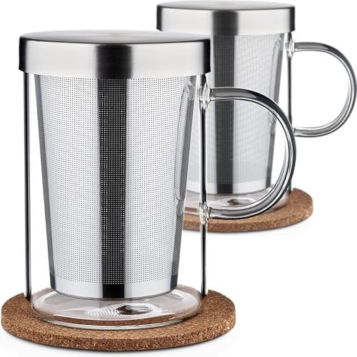 Cosumy Teetasse mit Deckel und Sieb - 2er Set Teeglas mit Sieb & Untersetzer 400ml - Teebecher Groß aus Borosilikat Glas - Feinmaschiger Filter