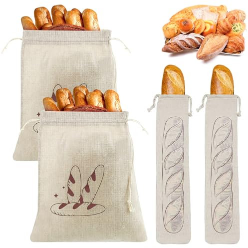 4 Stück Leinen Brotbeutel Aufbewahrung Frischhalten, Brotsack zum Frischhalten Brotsack mit Kordelzug 31x38cm/64x16cm Wiederverwendbar Brotbeutel aus Baumwollleinen, für Brot, Baguette, Obst, Gemüse