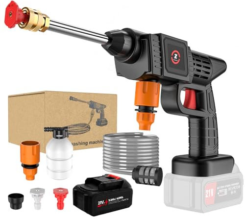 Idropulitrice a batteria, 50 bar, senza fili, con tubo da 5 m e 2 ugelli, idropulitrice portatile, per auto, pulizia e irrigazione (3,0 Ah)