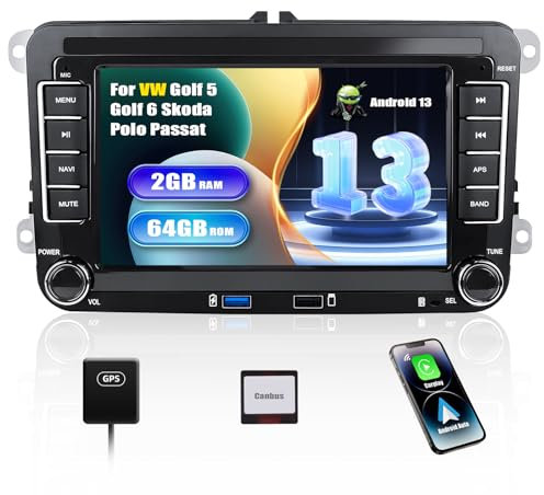 SIXWIN 2+64G Android 13 Radio Coche para VW Golf 5 Golf 6 Polo Passat Tiguan Seat Touran con CarPlay&Android Auto&Mirror Link,7 Pulgadas Pantalla Táctil con Bluetooth/WiFi/GPS/FM/RDS/2USB