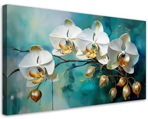 Feeby Wandbilder - Bilder Schlafzimmer - Weiße Orchideen Blumen - 100x50 1tlg - Wohnzimmer Bild Groß - Wohnungs - Foto Geschenk - Leinwand Wall Art - Wand Deko