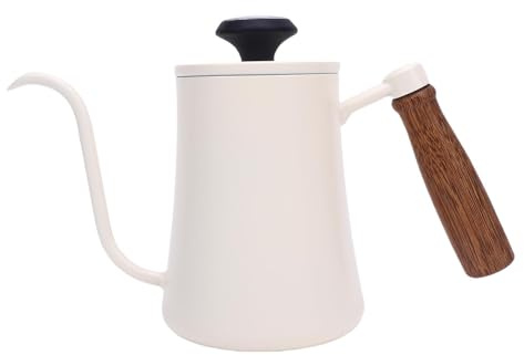 TOPINCN Kaffee Kessel mit Thermometer Messer Edelstahl Kaffee Brauen Topf Holzgriff Lange Auslauf Gänsehals Wasserkocher 600ML (White)