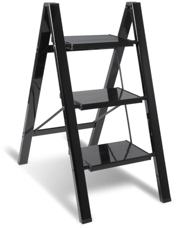 Peviasot stegstege, hushållsstege fällbar, vikbar stege stående stege, aluminiumstegpall, halkfri stege med vikskydd, vikbar stege för, lastbar upp till 150 kg, svart