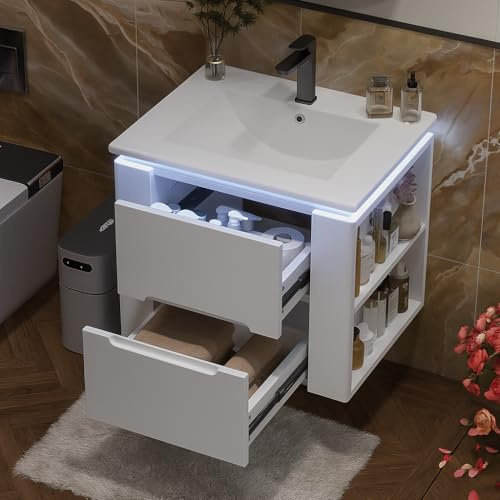 Mobile da bagno sospeso 60 cm con illuminazione LED sensore radar, 2 cassetti soft-close, lavabo integrato in ceramica, bianco (Bianco, 61x46x48.5cm)