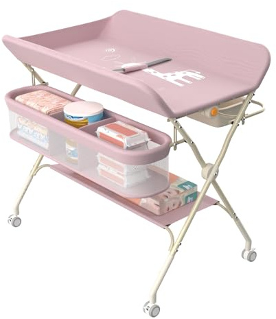 homewell Baby Wickelkommode Klappbarm, Tragbare Wickelunterlage, Baby Wickelkombi mit Rollen, 5 Stufen verstellbare Höhen, mit Sicherheitsgurt & Ablagefächern & Waschbecken (Rosa)