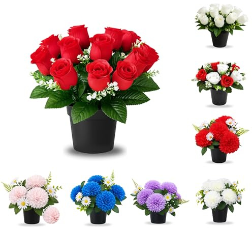 Flores artificiales para tumbas en maceta, 12 cabezas de margaritas, decoración conmemorativa resistente a la intemperie, arreglo floral realista de cementerio para uso en exteriores, 25 cm de alto