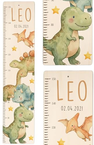 Kidsmood - Personalisierte Messlatte Kinder Holz – Hochwertige Messleiste & Wand-Deko für Baby- & Kinderzimmer mit abenteuerlichem Dinosaurier – Tolles Taufgeschenk für Mädchen & Jungen (65-140cm)