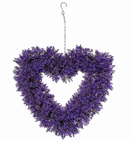 ADEPTNA Artificial Lavender Heart Wreath Hanging Outdoor Garden Decoration UV Protected Faux Floral Foliage Heart with Metal Chain Hook Large 48cm Wall Fence Door Patio Balcony Ornament
