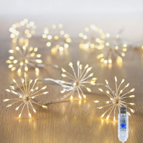 Mavouri Feuerwerk USB Lichterkette mit Timer, 3M 100 LED Kupferdraht Feuerwerkslichterkette mit Timer, Lichterkette USB Feuerwerk für Schlafzimmer, Silvester, Weihnachten, Halloween, Hochzeit