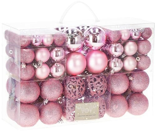 SPRINGOS - Lot de 100 boules de Noël - Diamètre 6, 4 et 3 cm - Roses - Incassables - Paillettes - Mats - Décoration de Noël