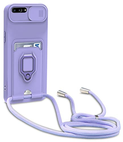 yanasuo Schiebe Kameraschutz Silikon Handykette Hülle kompatibel mit iPhone 8 Plus/7 Plus/6s Plus/6 Plus, Metall Ring Halter Handy Cover,Verstellbarer Halskette Handyhülle-Lila