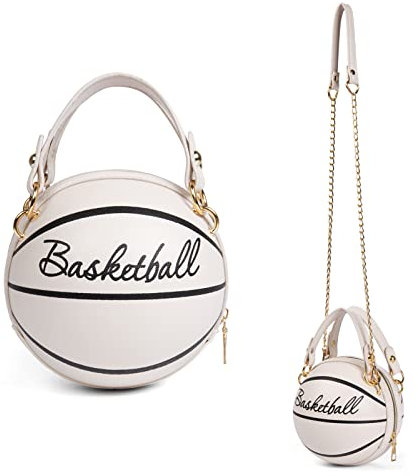 Obovoid Damen Basketballtasche Basketball-Form Crossbody Tasche Handtasche Mädchen Mini One-Shoulder PU Leder Runde Handtasche (Weiß 1)