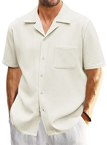 Mens Waffle Button Down Shirt Short Sleeve Loose Fit Cuban Summer Beach Plain Tops