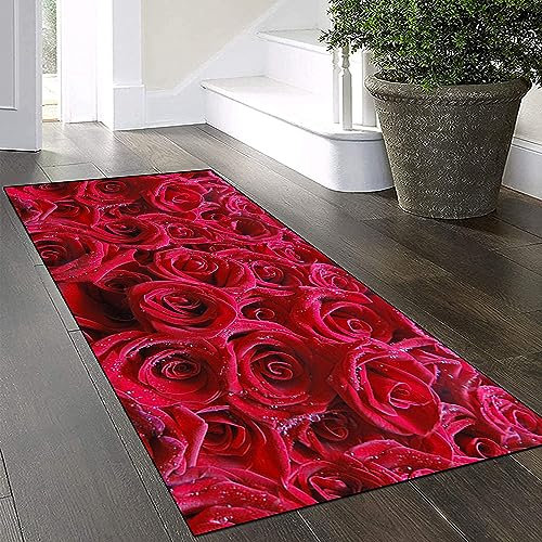 Yinghesheng Teppich Läufer Flur Küche rutschfest Waschbar Rote Rose 80x380cm Vintage Meterware, Teppichläufer Kücheläufer Polyester Anpassbar