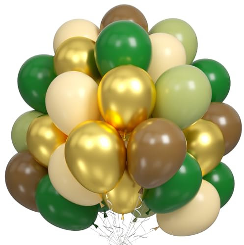 Sage Green Brown Balloons, 60PCS Green Brown Beige Jungle Safari Wild Woodland Balloon, Retro Green Metallic Gold Coffee Apricot Balloons for Boy First Birthday Baby Shower Wedding Party Decorations